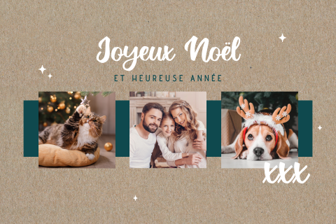 Carte de Noël moderne avec trois photos sur fond look kraft