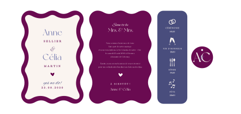 Faire-part de mariage pochette en violet et bleu avec bords ondulés