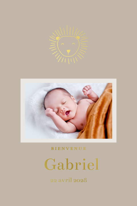 Faire-part de naissance avec lion en dorure et photo