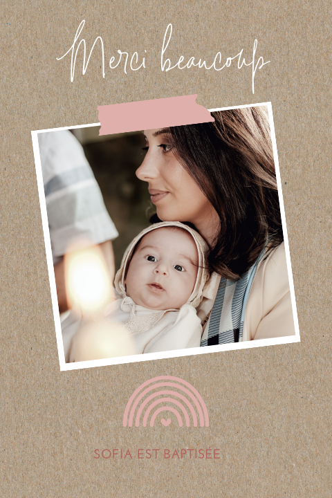 Carte de remerciement de baptême avec arc-en-ciel en rose et photo