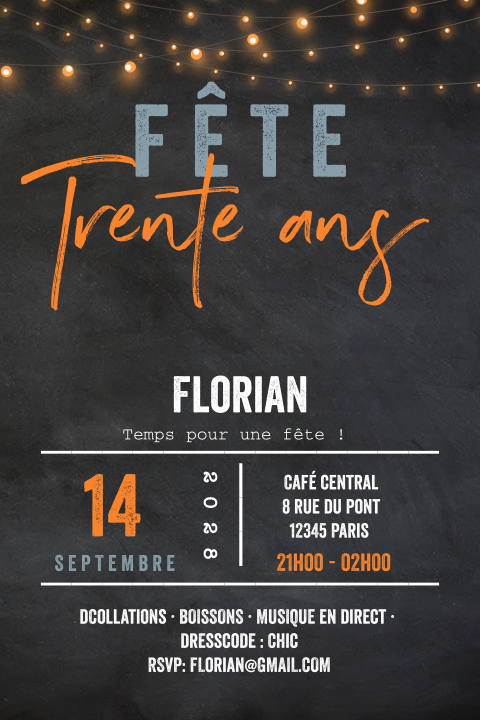 Carte d'invitation d'anniversaire sur un fond de tableau noir