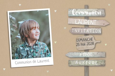 Faire-part de communion avec photo polaroïd et panneau indicateur