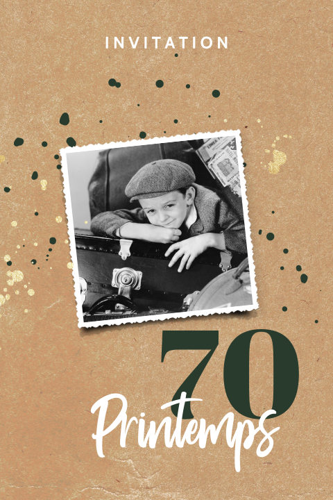 Carte d'invitation anniversaire 70 ans avec photo sur aspect kraft