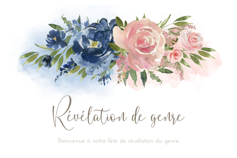 Carte d'invitation de révélation de genre avec des fleurs bleues et roses