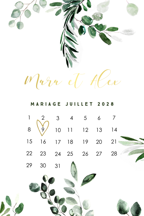 Save the date originale avec un calendrier et des feuillages
