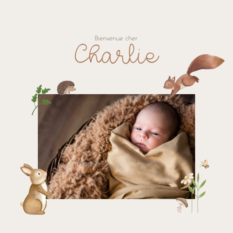 Faire-part de naissance beige avec des animaux de la forêt