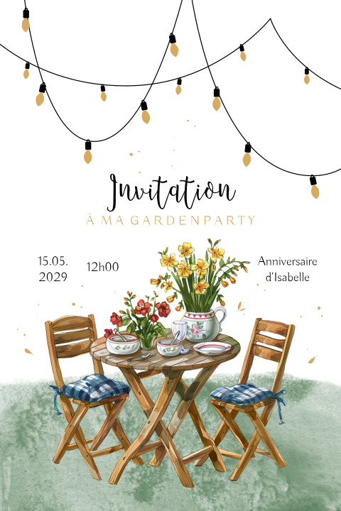 Carte d'invitation pour une garden-party avec illustration guinguette