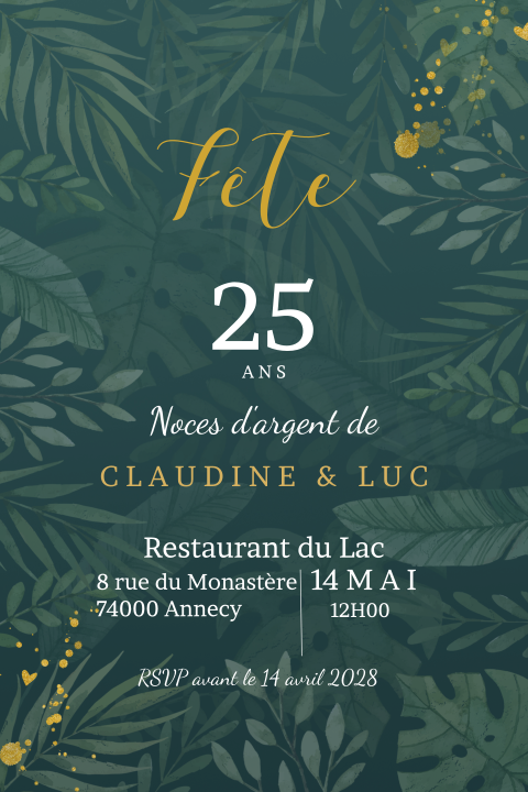 Invitation pour le 25e anniversaire de mariage dans style botanique