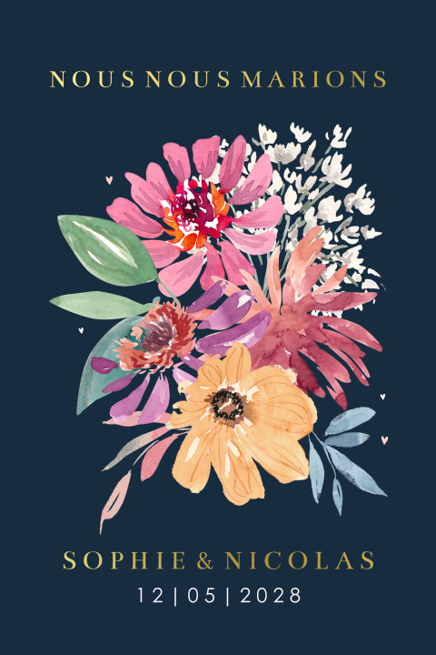 Faire-part avec fleurs colorées sur fond bleu foncé