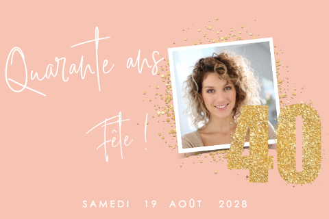 Carte d'invitation pour les 40 ans sur fond rose pâle avec paillettes