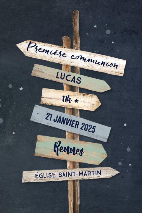 Faire-part de communion avec panneau indicateur sur fond bleu