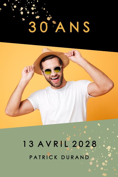 Carte d'invitation pour les 30 ans avec photo et fond en vert