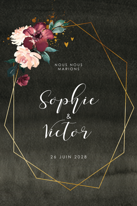 Faire-part noir avec fleurs et lignes géométriques
