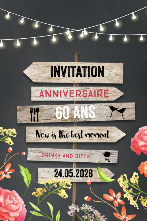 Carte d'invitation créative avec un panneau indicateur et des fleurs