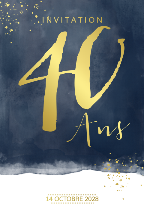 Carte d'invitation pour un 40e anniversaire en dorure sur fond bleu