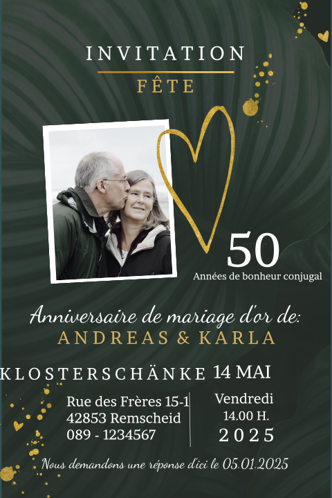 Invitation au cinquantième anniversaire de mariage avec des couleurs dorées et des feuilles
