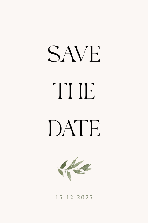 Save the date en beige avec une feuille d'olivier