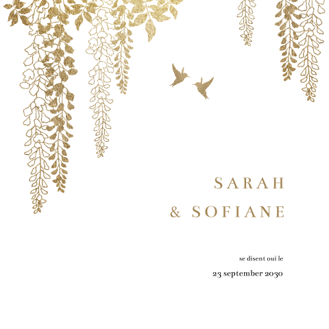 Faire-part de mariage avec branches et oiseaux dorés