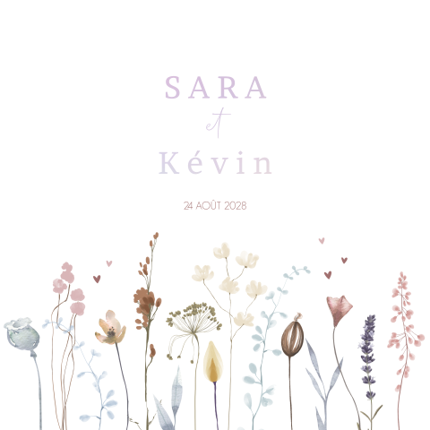 Faire-part de mariage avec fleurs des champs et noms en holographie