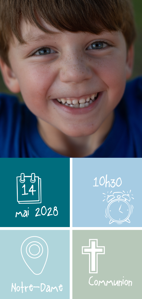 Faire-part de communion moderne en bleu et vert avec illustrations