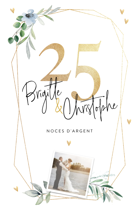 Invitation noces d'argent avec éléments dorés et branches