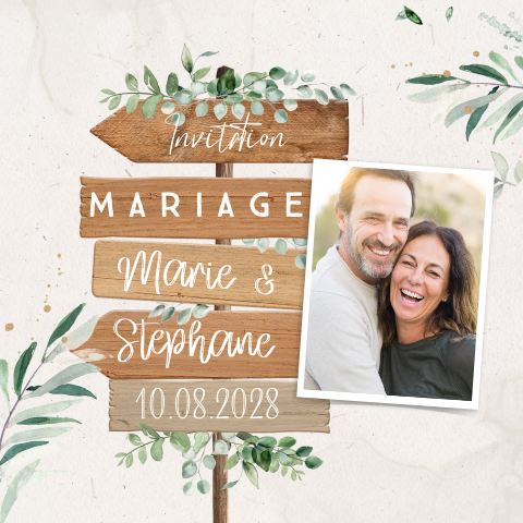 Faire-part de mariage botanique avec panneau indicateur