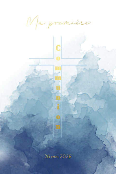 Faire-part de communion avec aquarelle bleue, croix et dorures