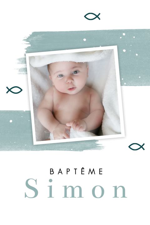 Faire-part de baptême avec poissons, photo et fond bleu