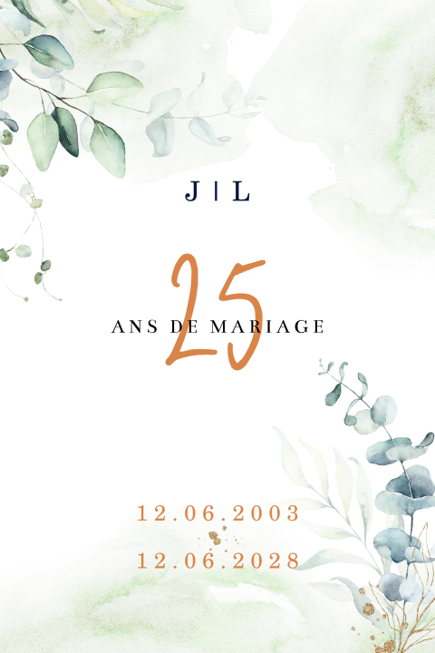 Invitation anniversaire mariage avec feuillages à l'aquarelle