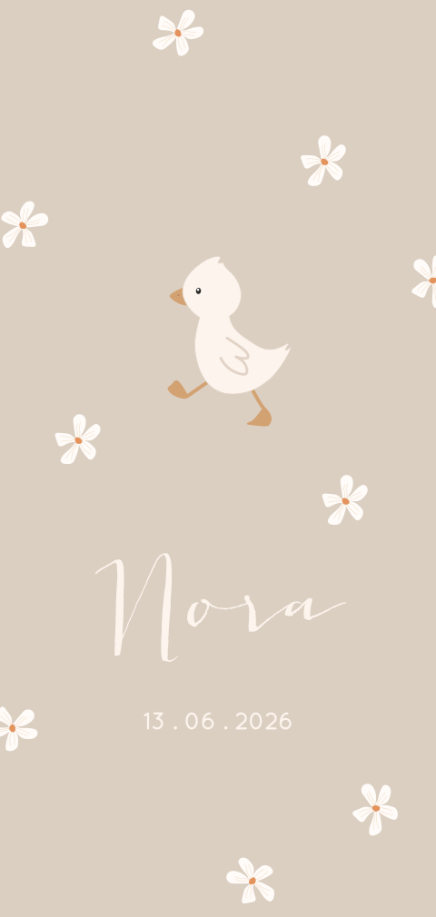 Faire-part de naissance beige avec petit caneton et fleurs