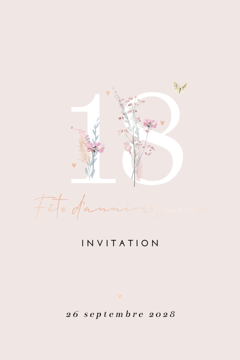 Élégante invitation d'anniversaire rose pâle avec des coins arrondis pour les 18 ans