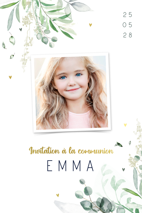 Faire-part de communion avec photo, dorures et branches d'eucalyptus