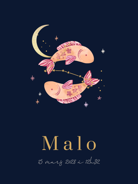 Affiche de naissance avec signe du zodiaque Poissons