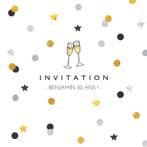 Carte d'invitation avec des confettis et des verres de champagne
