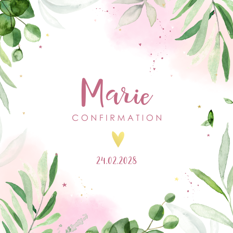 Faire-part de confirmation avec des branches en aquarelle et cœurs