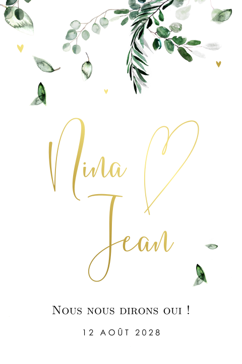 Faire-part de mariage avec des dorures et feuilles d'aquarelle
