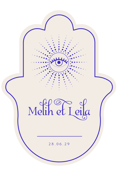 Faire-part de mariage sous forme de khamsa avec détails violets