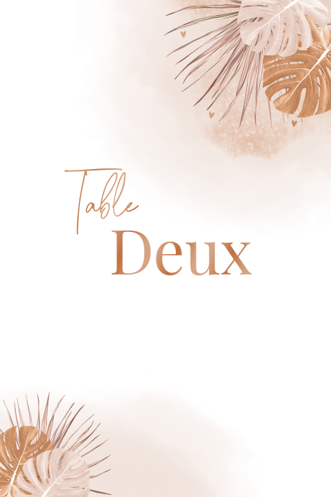 Marque-table dans les tons roses avec des feuilles et texte en vernis