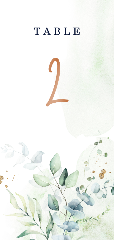 Marque-table avec des branches d'eucalyptus en aquarelle et chiffre en vernis