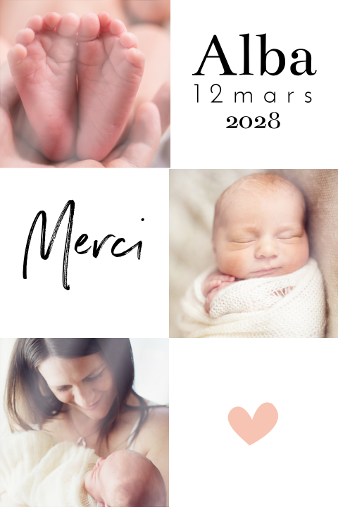 Carte de remerciement naissance avec trois images et des cœurs