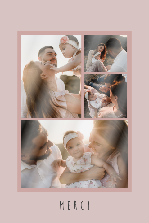 Carte de remerciement avec 4 photos et cadre rose
