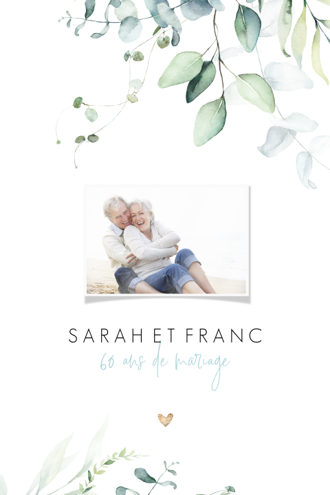 Invitation noces de diamant avec feuilles et photo