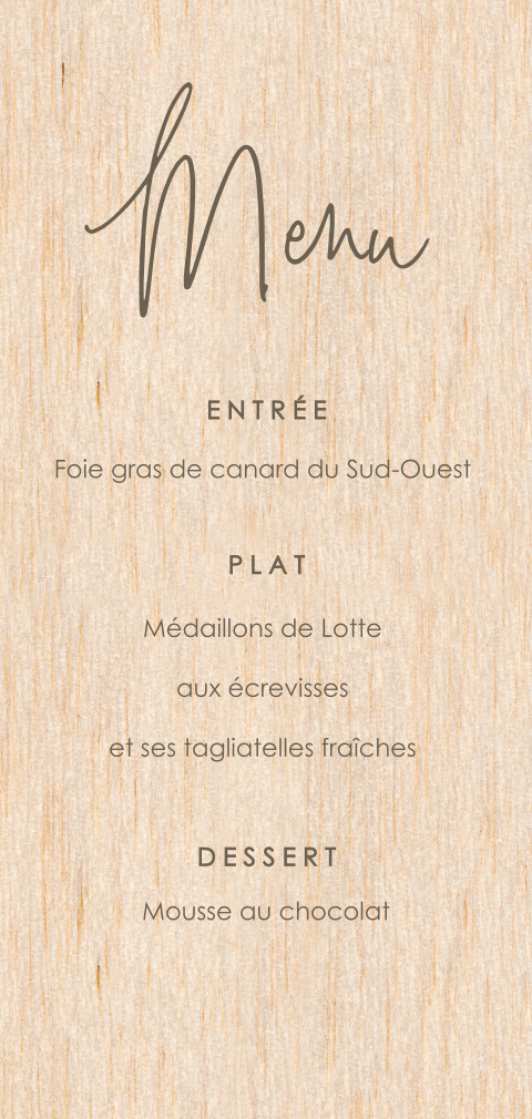 Menu sur bois avec une belle écriture