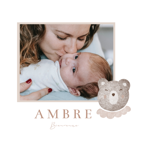 Faire-part de naissance élégant avec ours en peluche et photo encadrée