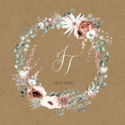 Faire-part de mariage avec initiales dans une couronne de fleurs