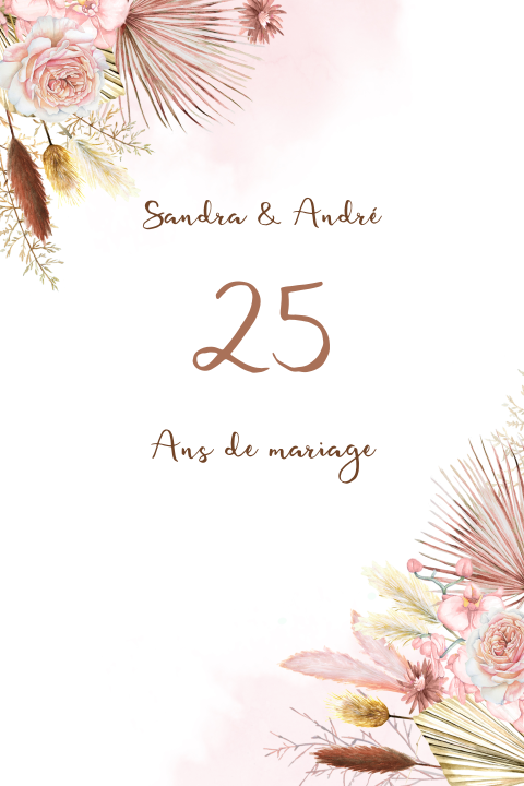 Invitation noces d'argent ton rose avec fleurs séchées 