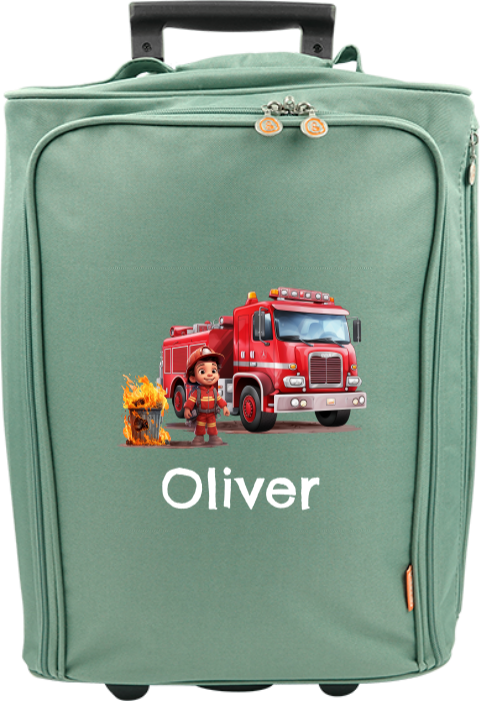 Valise à roulettes avec pompiers, camion de pompiers et prénom