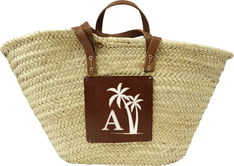 Sac de plage en osier avec initiale et palmiers