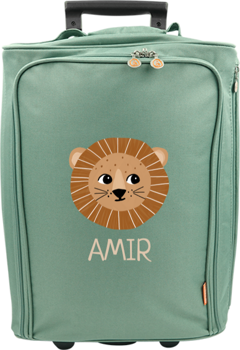 Valise à roulettes avec illustration tête de lion et prénom