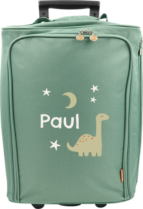 Valise à roulettes avec dinosaure, étoiles, lune et prénom